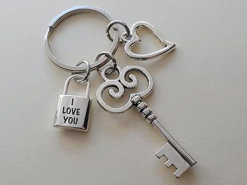 Key Charm Keychain with Heart Charm, and Lock Charm Engraved "I Love You"; For Couples, Anniversary Keychain