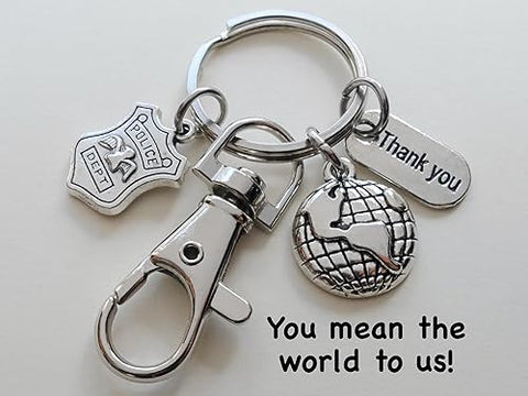 Police Officer Appreciation Keychain, Police Badge Charm Keychain, World Globe Charm, Thank You Charm & Clasp, School or Community Security Guard Thank You Keychain