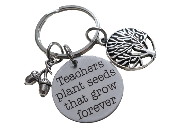 Teacher Appreciation Gifts • Small Tree & Seeds Keychain with Saying Disc "Teachers plant seeds that grow forever" by JewelryEveryday