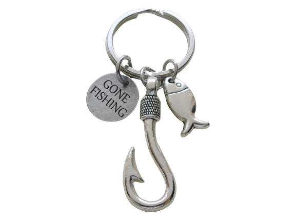 Gone Fishing Fish Hook Keychain with Small Fish Charm