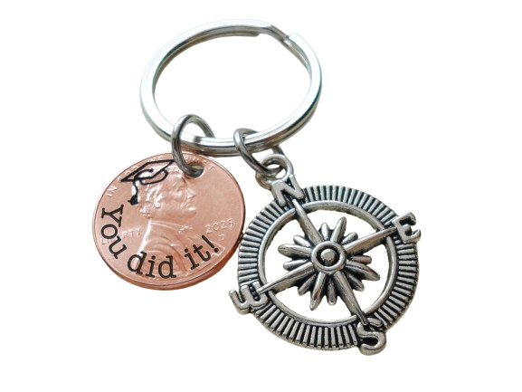 "You Did It" Engraved 2025 Penny Keychain with Engraved Graduate Cap & with Compass Charm by Jewelry Everyday