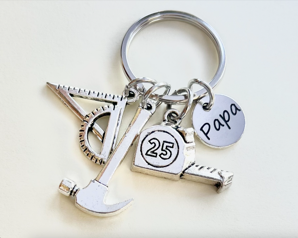 Dad Charm Keychain with Hammer Charm, Square Charm, Tape Measure Charm & Papa Circle Charm