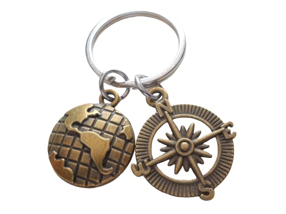 Bronze Compass Keychain with World Globe Charm - I'd Be Lost Without You; Couples Keychain