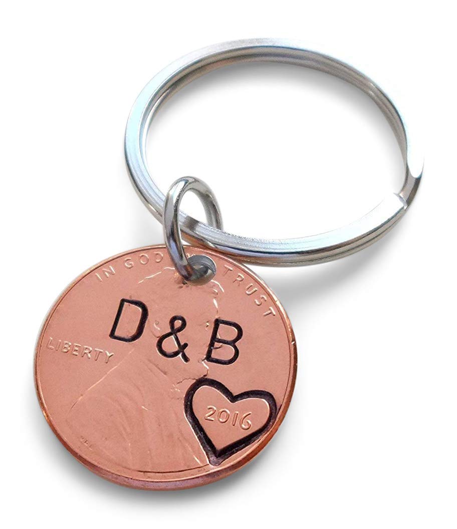 Personalized Penny Keychain Stamped with Initials and Heart Around the Year, Anniversary Gift