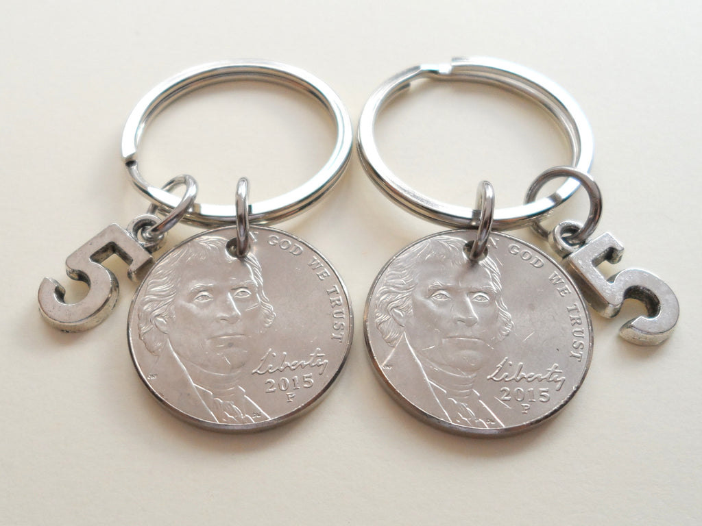 5 Year Anniversary Gift • Double Keychain Set Nickel Keychains w/ Number 5 Charm by Jewelry Everyday