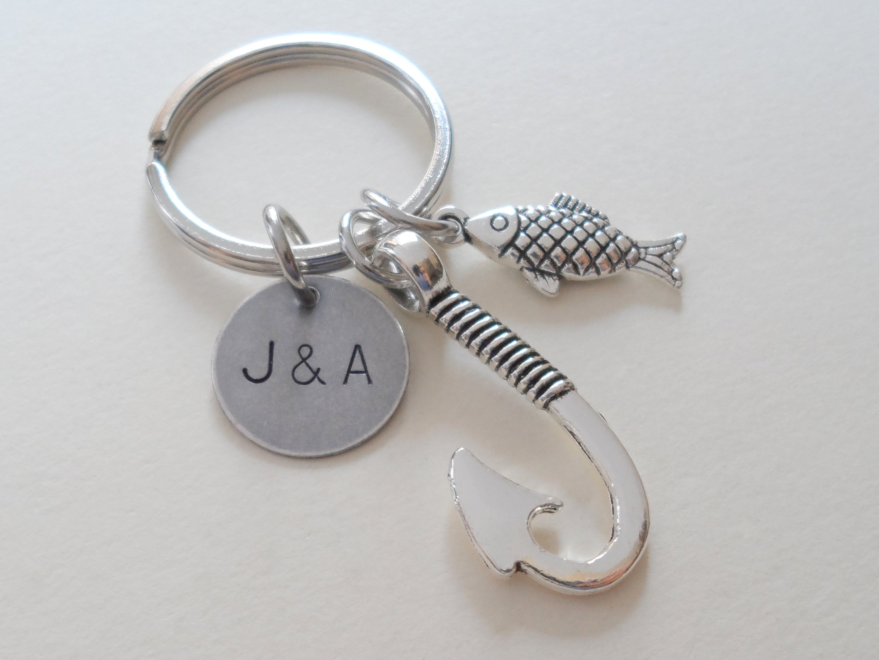 JewelryEveryday Fish Hook Keychain with Tiny Fish Charm Silver / Circle Tag - Date Only